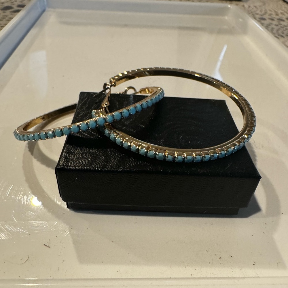 Stainless Steel Gold Plated Hoop Earrings with Gorgeous Turquoise stones